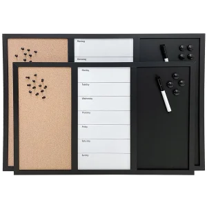 Whiteboard, kork- og kridt kombitavle med ugeplan, inkl. sort magnetisk tusch, magneter, nåle og kridt  